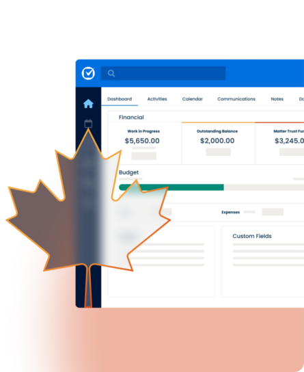 A maple leaf graphic overlaying a screenshot of the Clio software dashboard.
