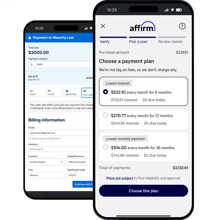 Two mobile screens show a $3,000 legal fee payment to Waverly Law and Affirm payment plan options.