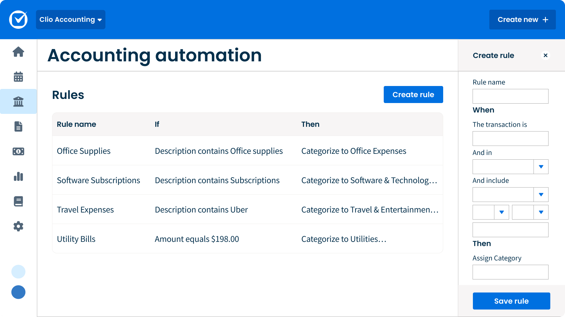 Screenshot of the Clio Accounting automation screen, showing a list of rules and the Create rule panel.