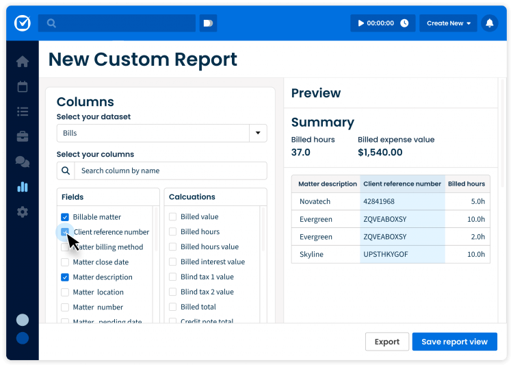 Screenshot of the Clio Manage New Custom Report screen. A user checks the Client reference number column field.