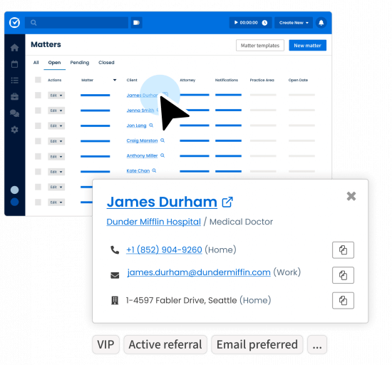 UI graphic of Clio Manage showing contact details