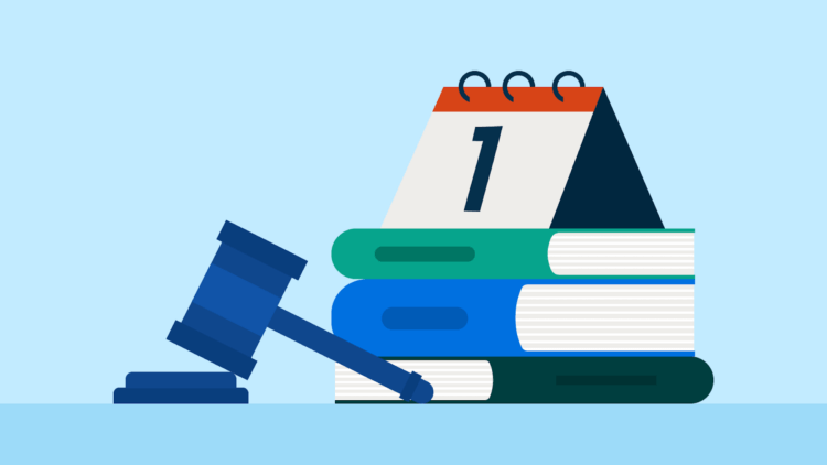 Illustration featuring books, a gavel and a calendar